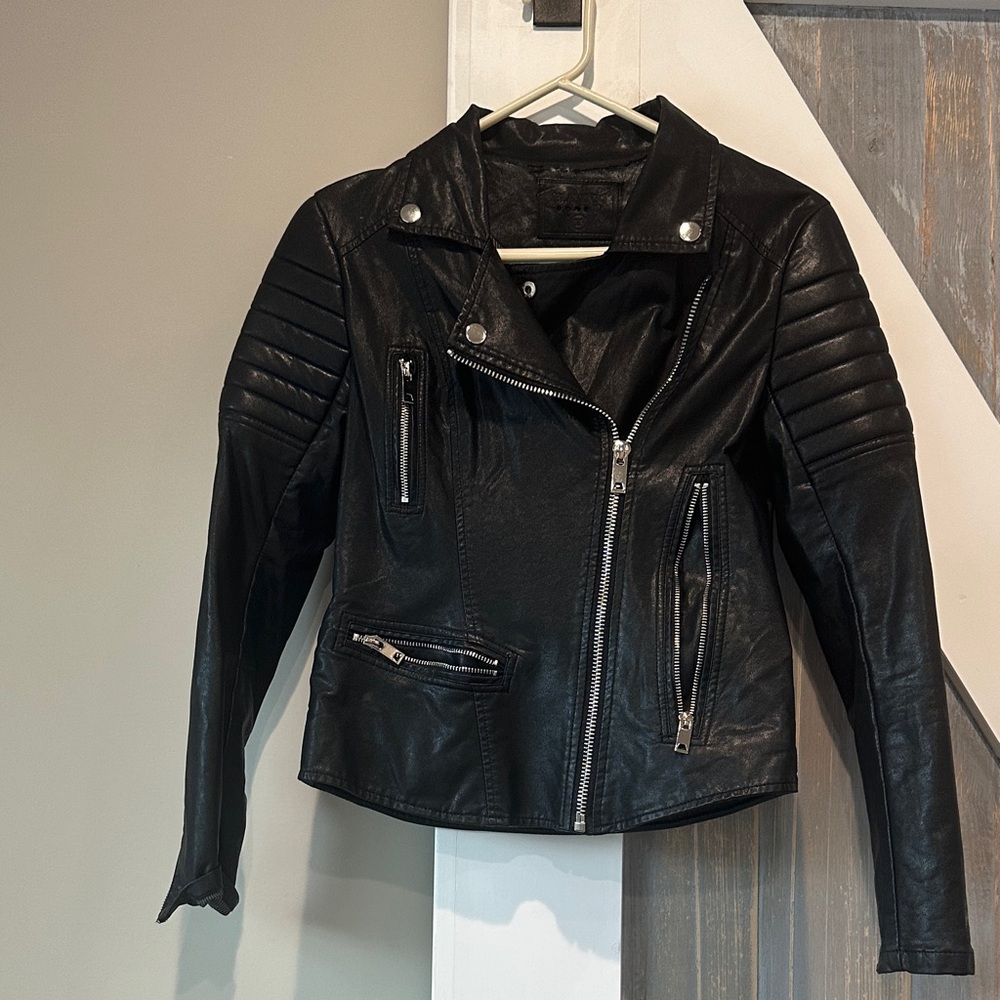 Blank NYC Black Faux Leather Moto Jacket with Quilted Shoulders